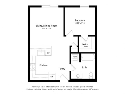 Floor plan for 1 bed, 1 bath, 649 sqft